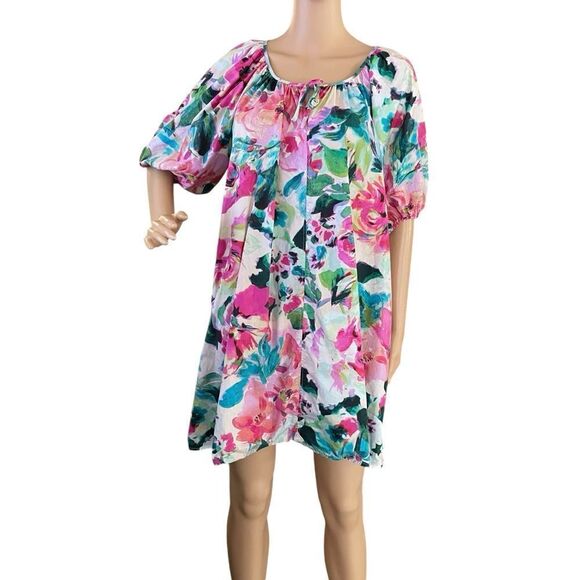H&M PUFF-SLEEVED TIE-DETAIL FLORAL DRESS White Pink Green Blue Small - Picture 2 of 13
